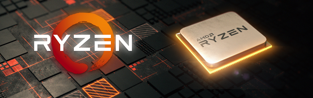   Left part of this image is a Ryzen logo. Right part is the top view of an AMD Ryzen processor, with golden glowing PCB. The background is differently sized chips arranged in grid. 